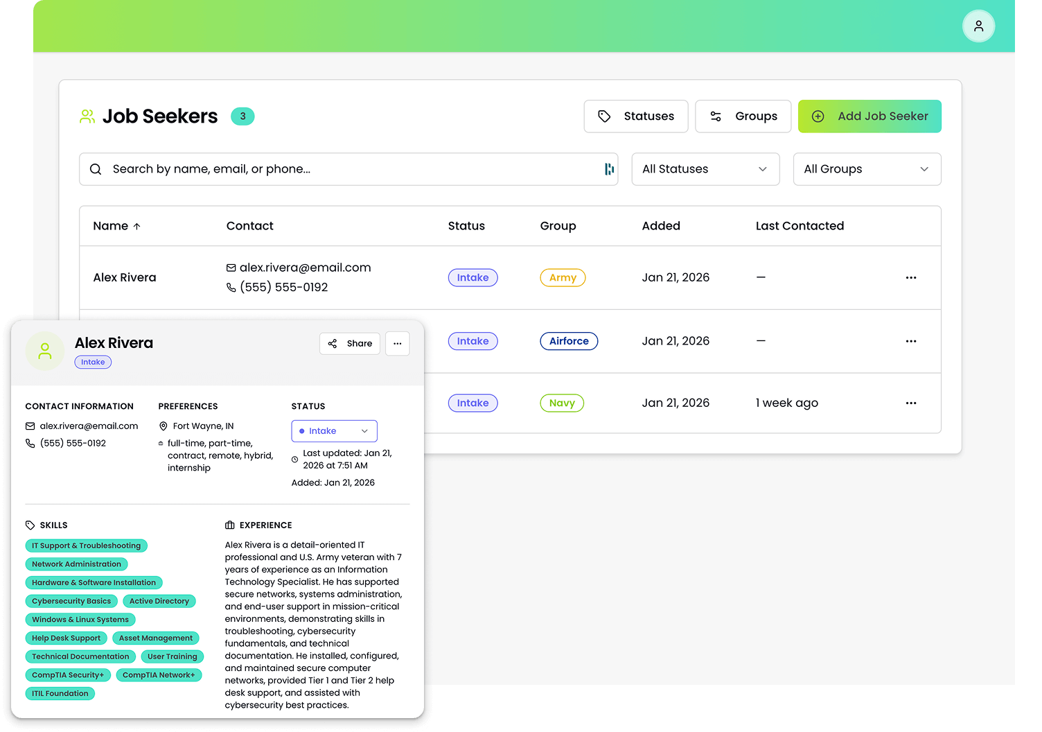 Screenshot of a job seeker management dashboard with a list of three candidates, including their contact info, statuses, groups, added date, and last contacted date. The main window has options to add a job seeker, view statuses, and groups. A detailed profile popup for Alex Rivera displays contact details, preferences, skills, experience, and status.