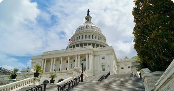 The United States Capitol building with stairs leading up to it, flags, and a cloudy sky.