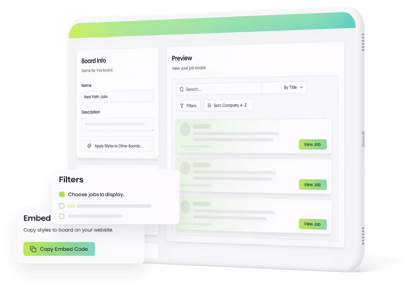 A digital interface showing a job board app with sections for board info, preview, filters, and embed options. There are green buttons labeled 'Copy Embed Code' and 'View Job'.
