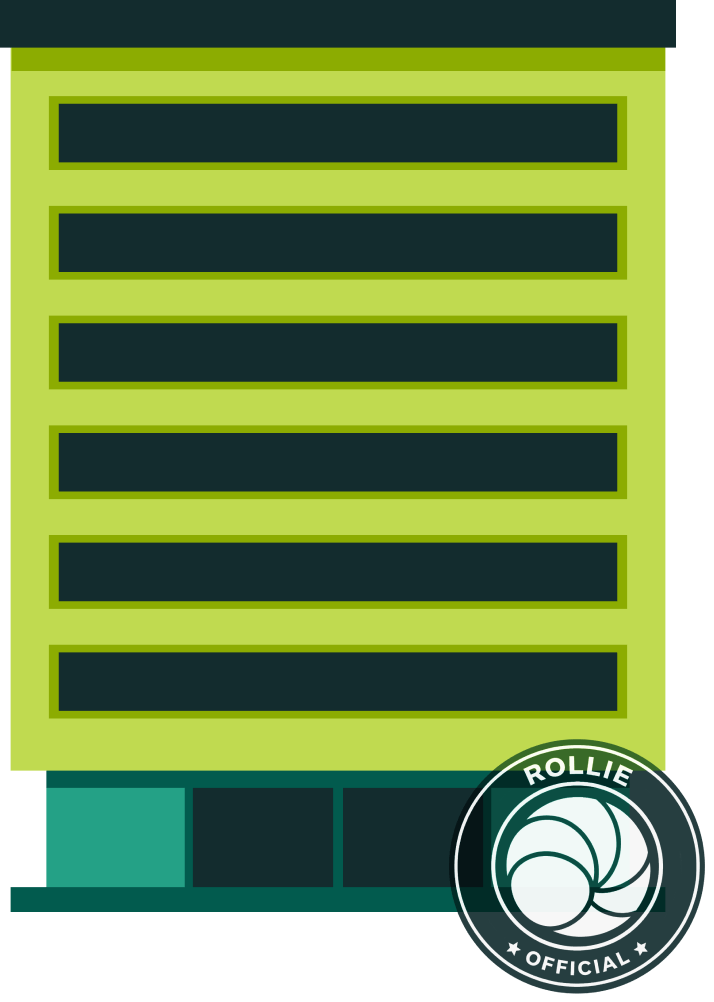 Illustration of a green and teal office building with a Rollie Official badge at the bottom right corner.