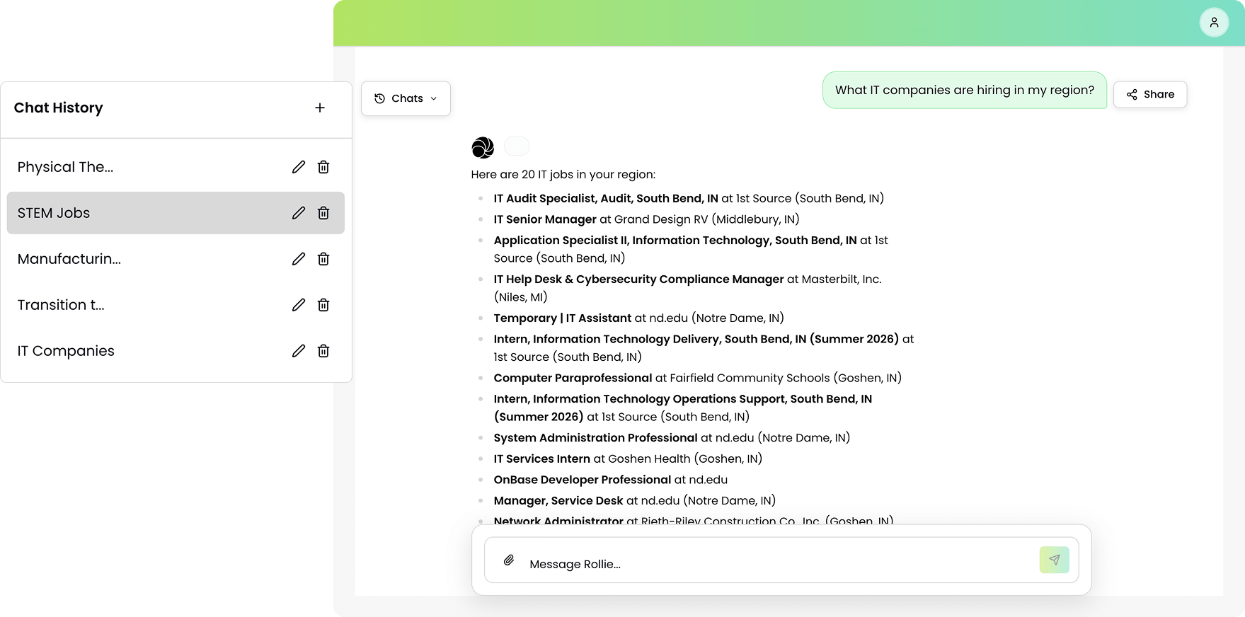 Screenshot of a chat window displaying a list of IT jobs in a specific region, with a dialogue box at the top asking about companies hiring in that area, and a chat history on the left side including categories like STEM jobs and IT companies.
