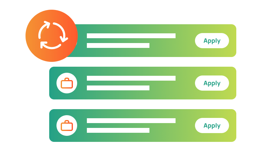 A graphical user interface with a circular icon of two arrows forming a circle, indicating refresh or sync, followed by three horizontal bars representing options or settings, each with an 'Apply' button on the right. The middle and bottom bars have a briefcase icon to the left.