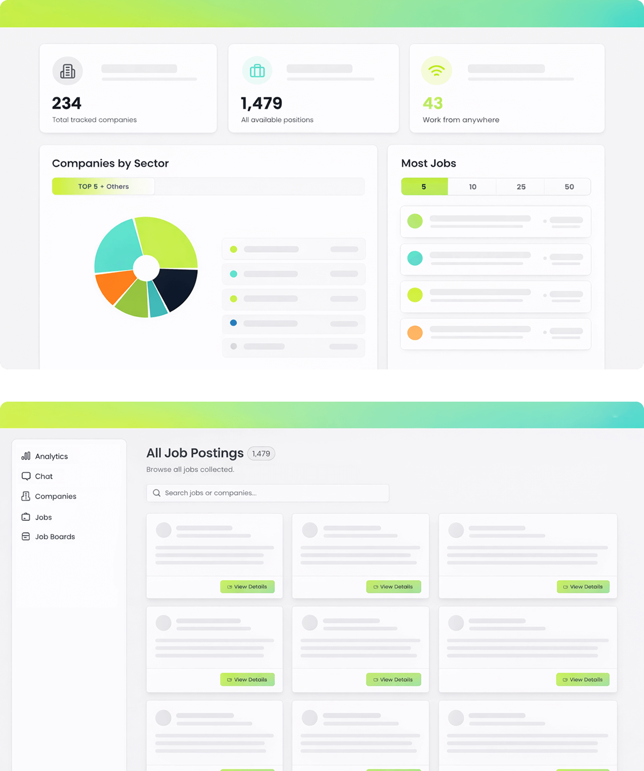 Screenshots of a digital job and company analytics dashboard, displaying stats on tracked companies, available positions, remote work, sector distribution, most common jobs, and individual job postings.