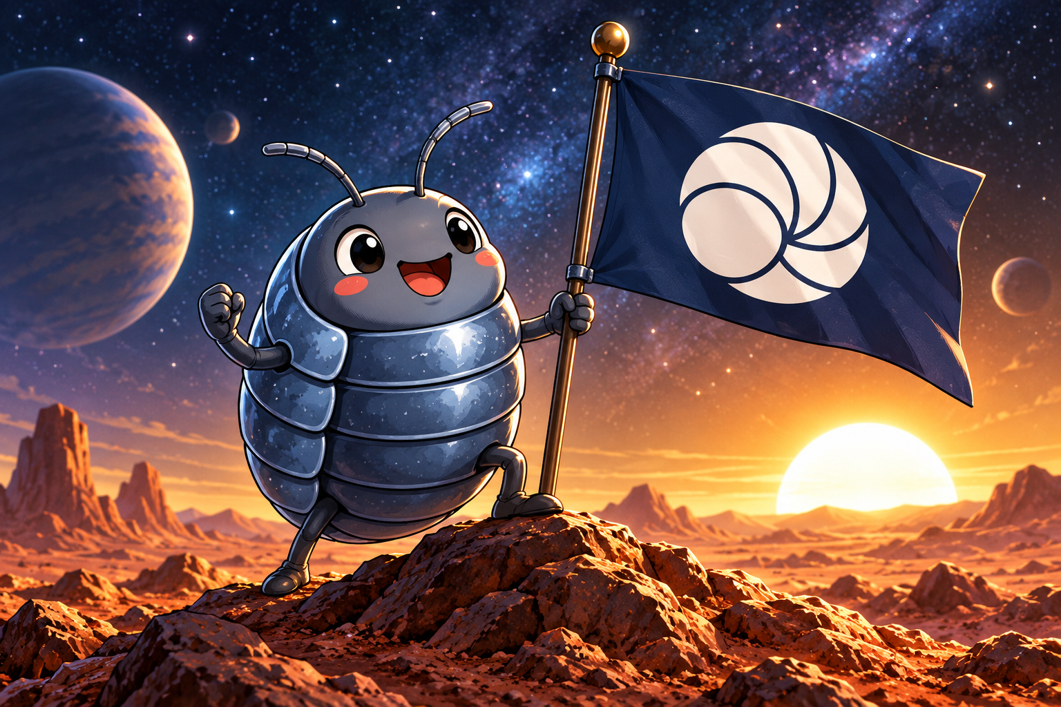 Pill Bug planting flag on distant planet