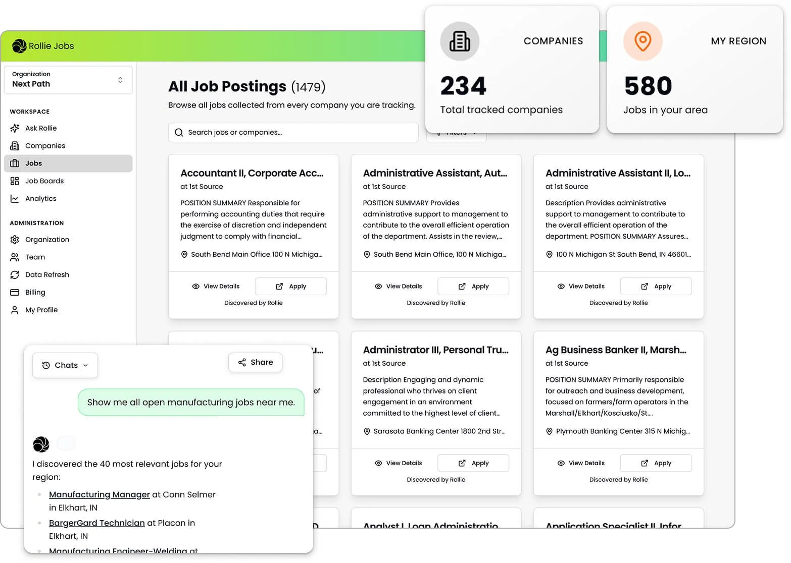 Job search platform interface displaying job listings, including accountant, administrative assistant, and bank teller roles; search bar, filters, and a chat window with a message about finding manufacturing jobs near the user.