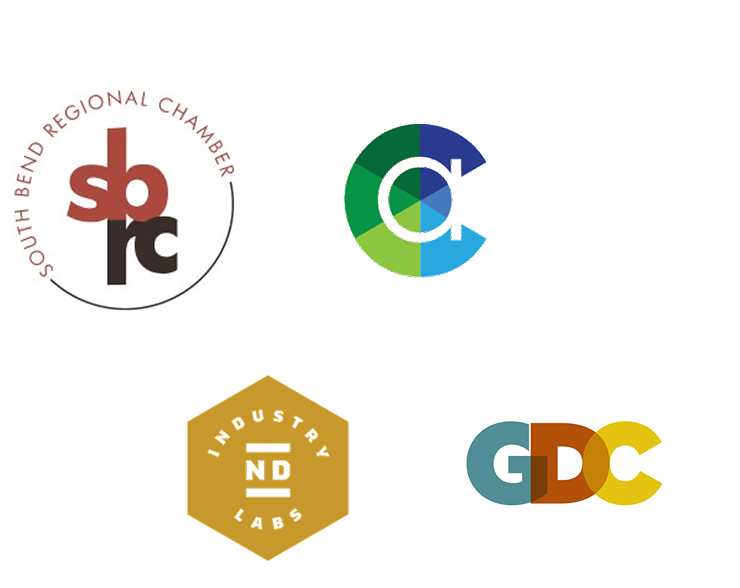 Four logos of organizations that use Rollie Jobs: South Bend Region Chamber, Industry Labs, Greensburg/Decatur County Chamber of Commerce, and Cornerstone Alliance
