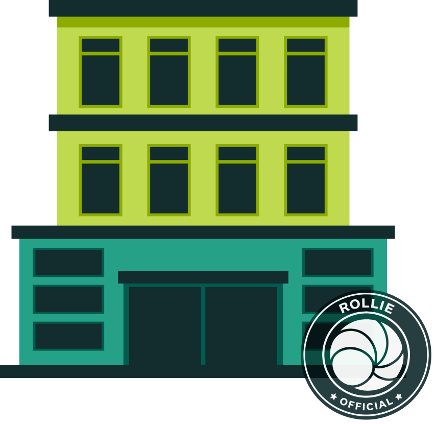 A colorful pixel art-style building with three floors, a teal ground floor, a lime green middle floor, and a dark green top floor, featuring multiple windows. There is a round logo with a shell design and the words "Rollie Official" in the bottom right corner.