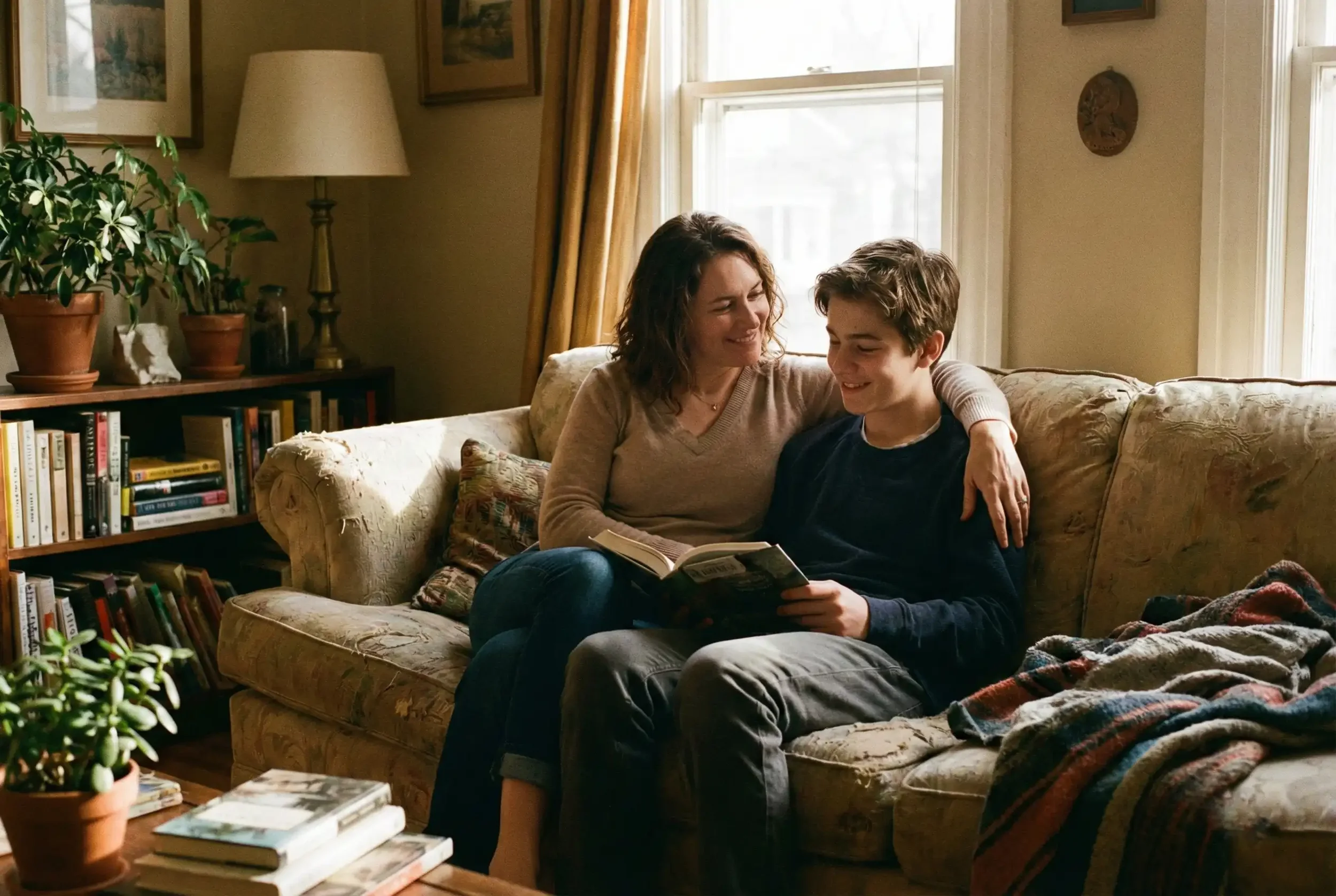 Madre e hijo adolescente sentados juntos en el sofá de casa, sonriendo y compartiendo un libro en un ambiente cálido y familiar