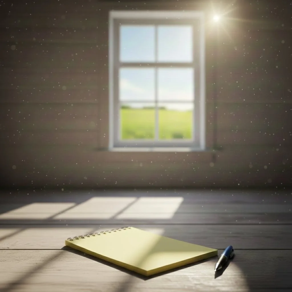 Cuaderno abierto junto a una ventana con luz natural, símbolo de nuevos propósitos emocionales y calma al inicio del año