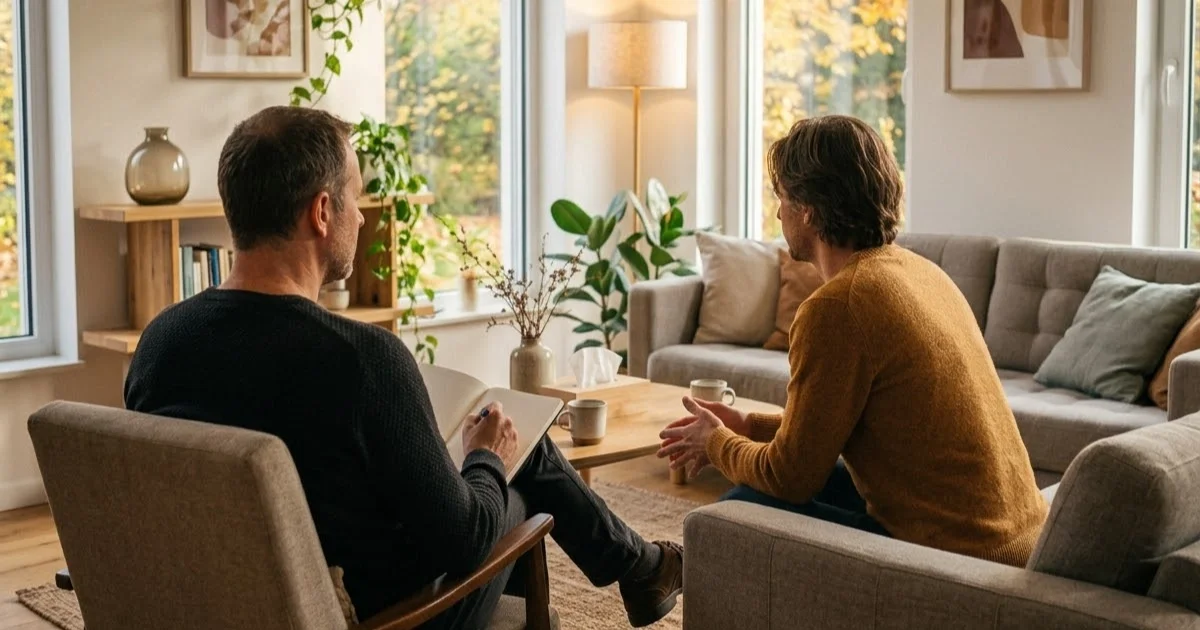 Persona en sesión de terapia individual conversando con su terapeuta en una consulta con luz cálida de tarde en Barcelona