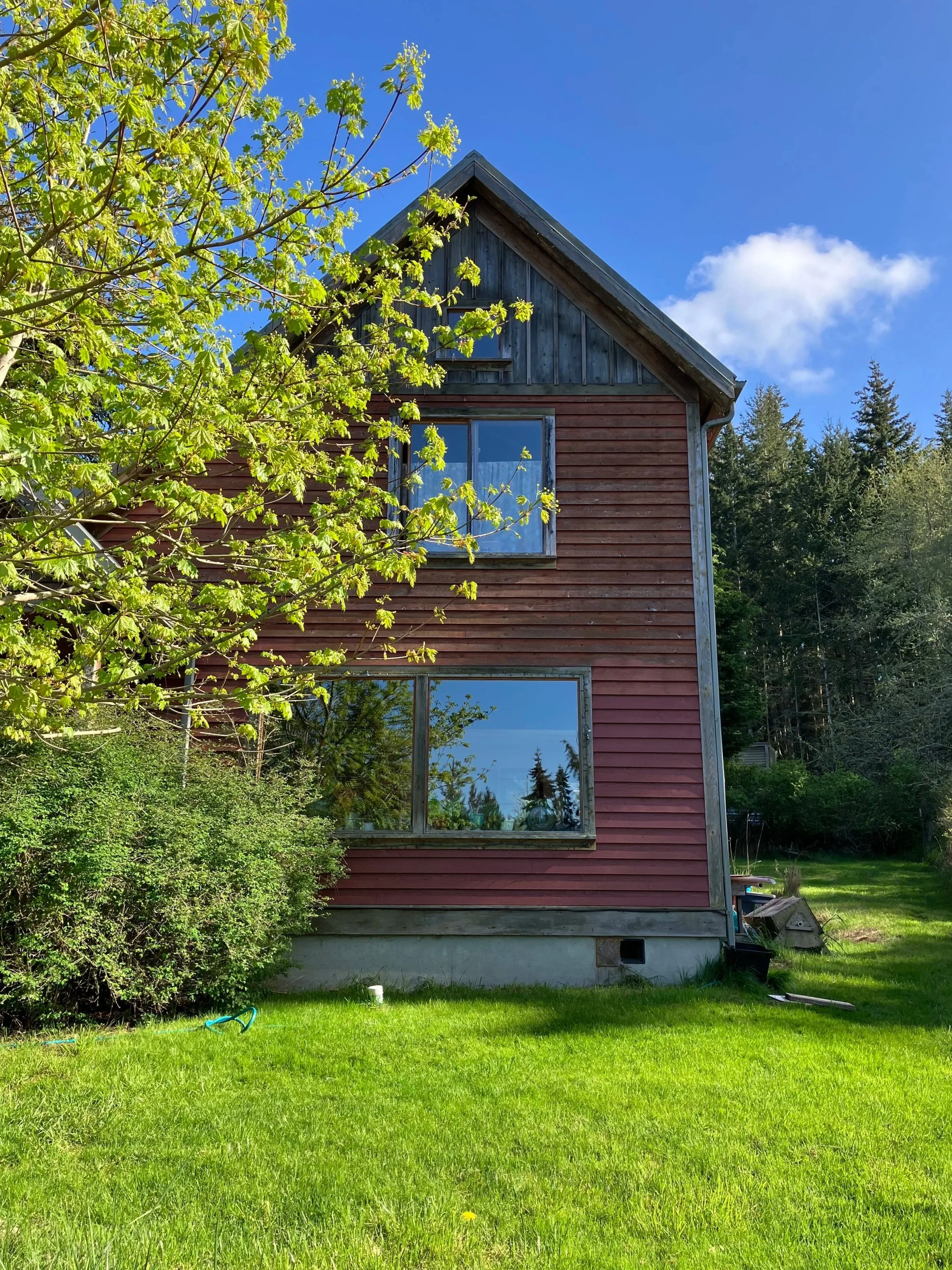 Red painted wood sided house on a bright green lawn partially obscured a maple tree in front of a forest of evergreens and a blue sky
