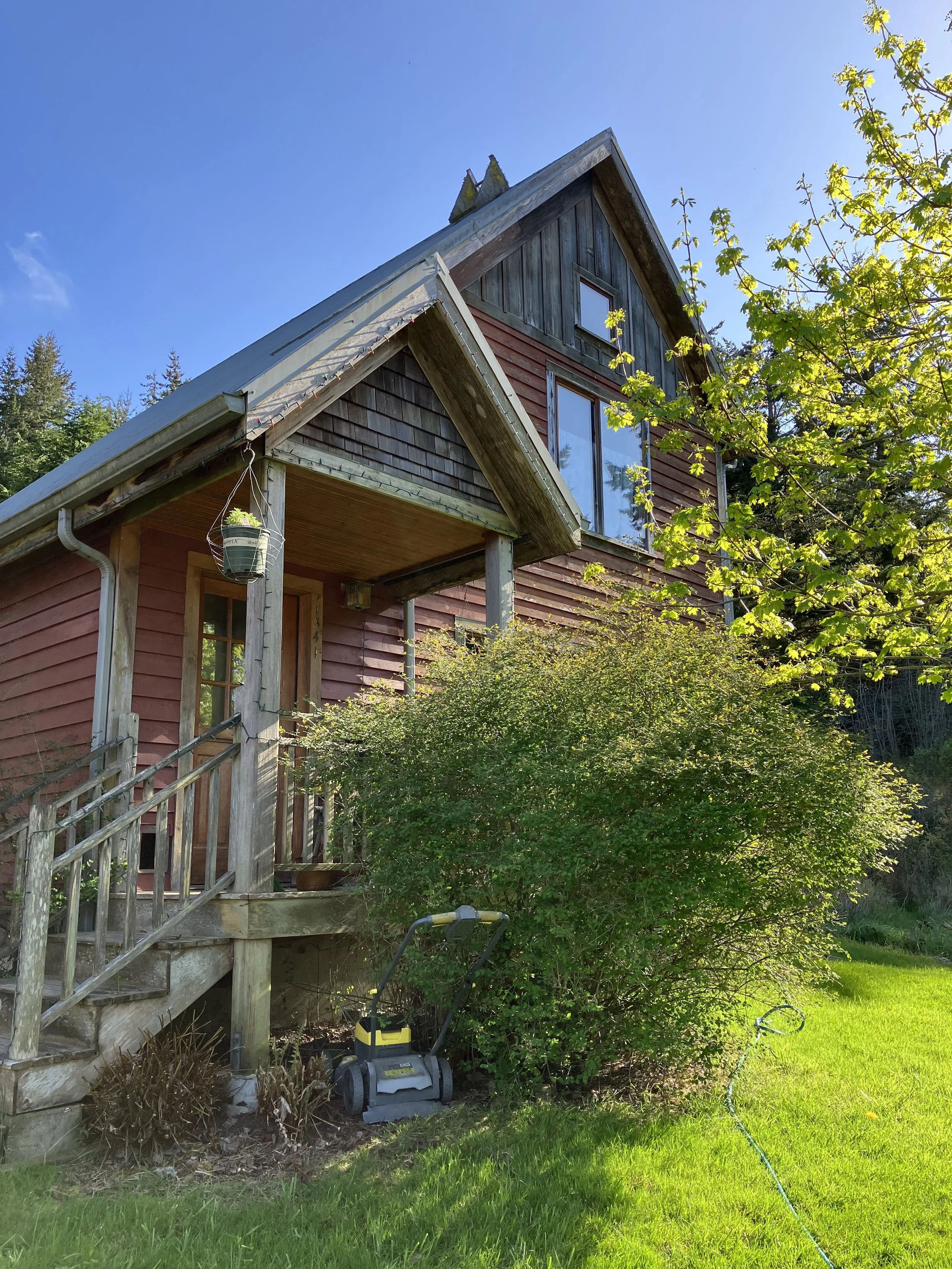 Steep gabled house with front porch obscured by a bright green bush in front of a blue sky