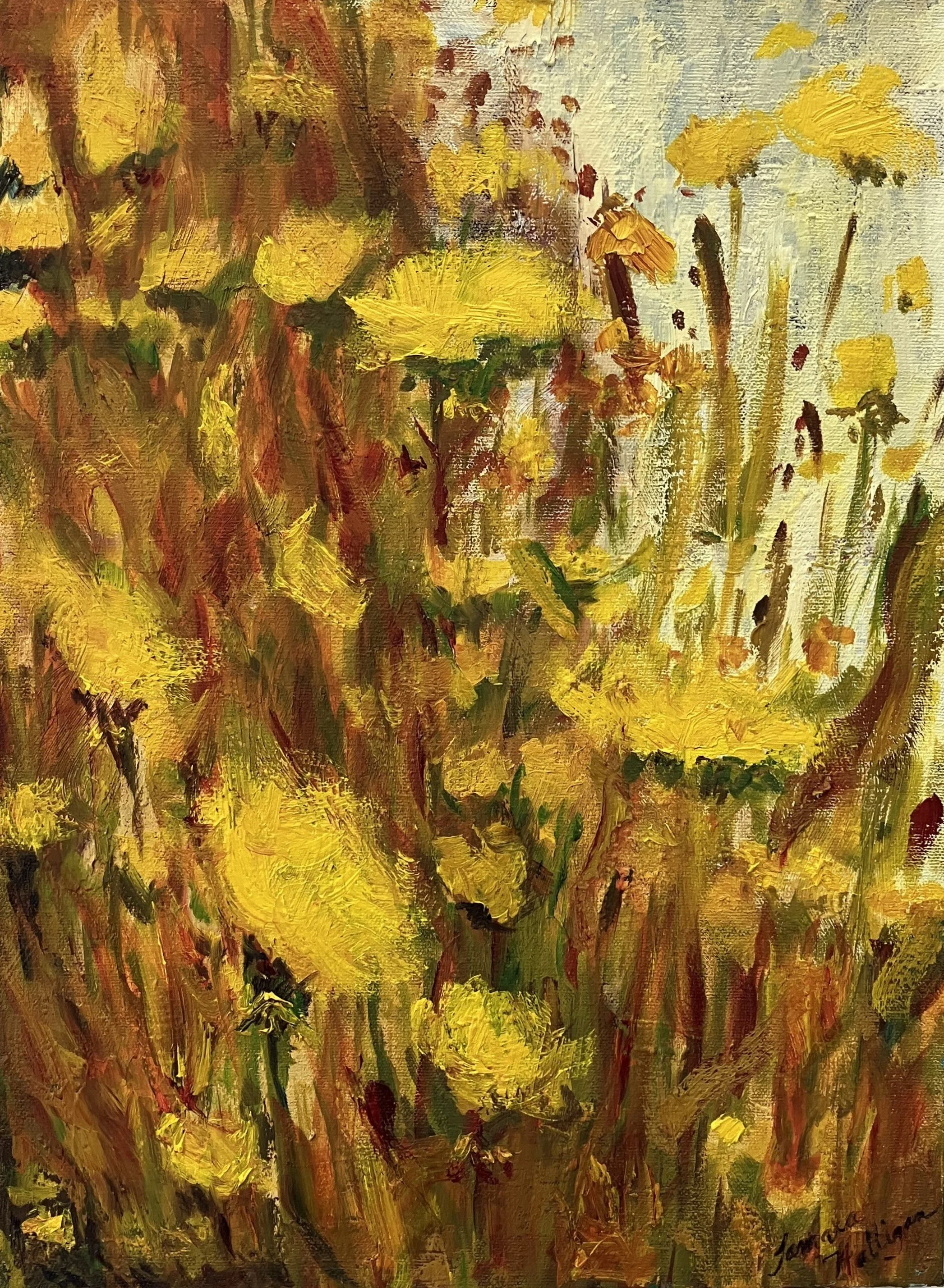 Oil painting of a close view of a dandelion field in autumnal colors
