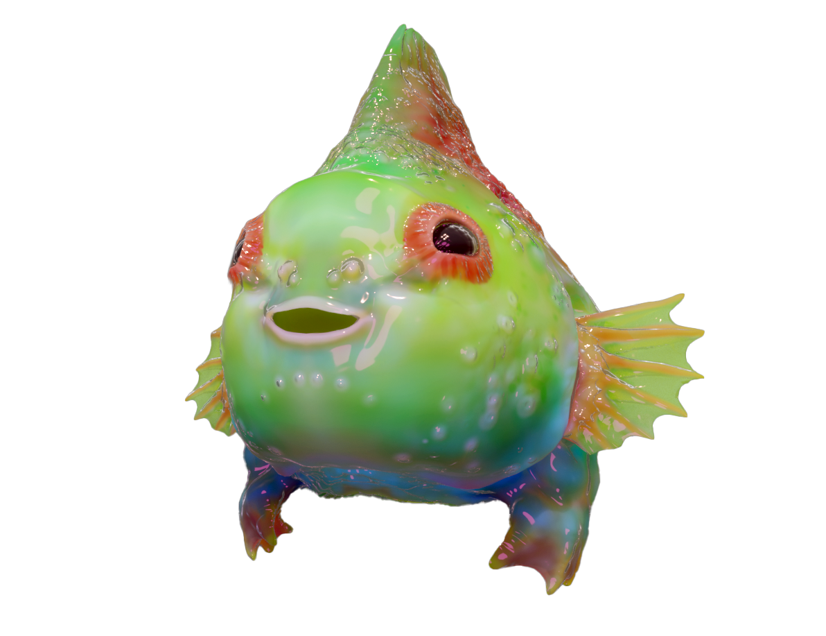 Colorful fish with a round body, large eyes, and small fins, against a black background.