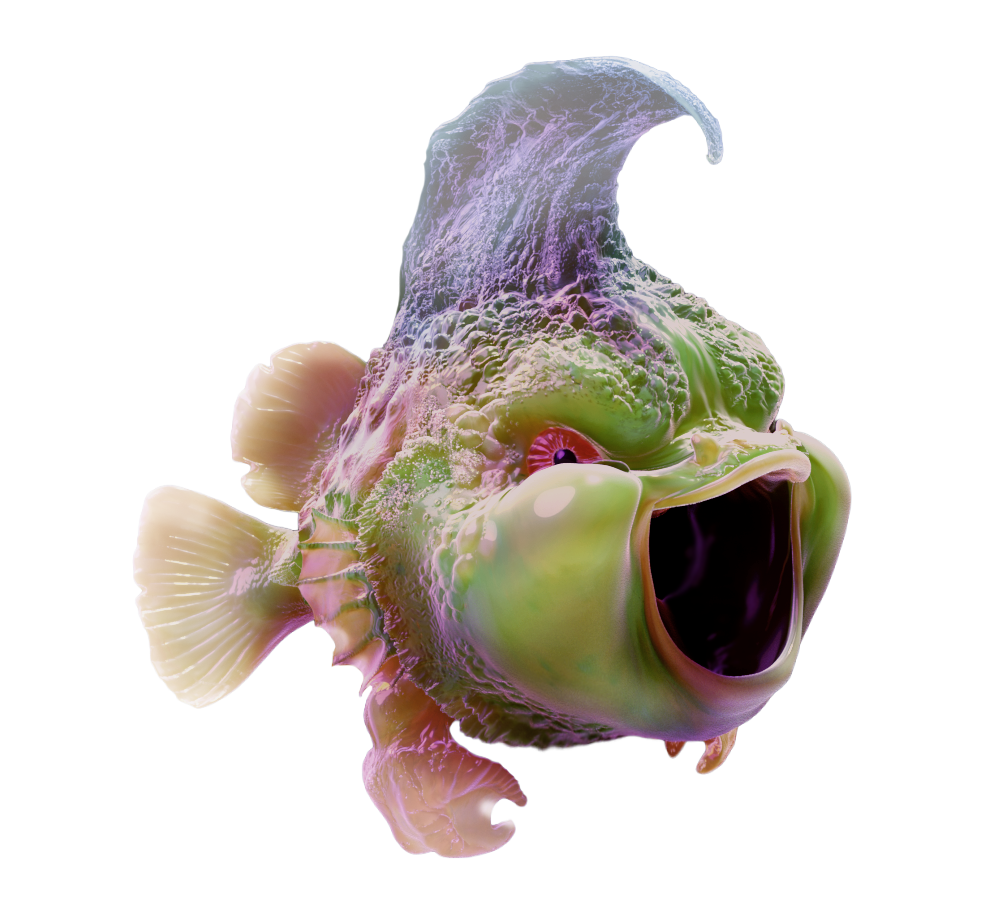 A colorful, digitally stylized fish with exaggerated features, including large lips, a wide open mouth, and big eyes, set against a black background.