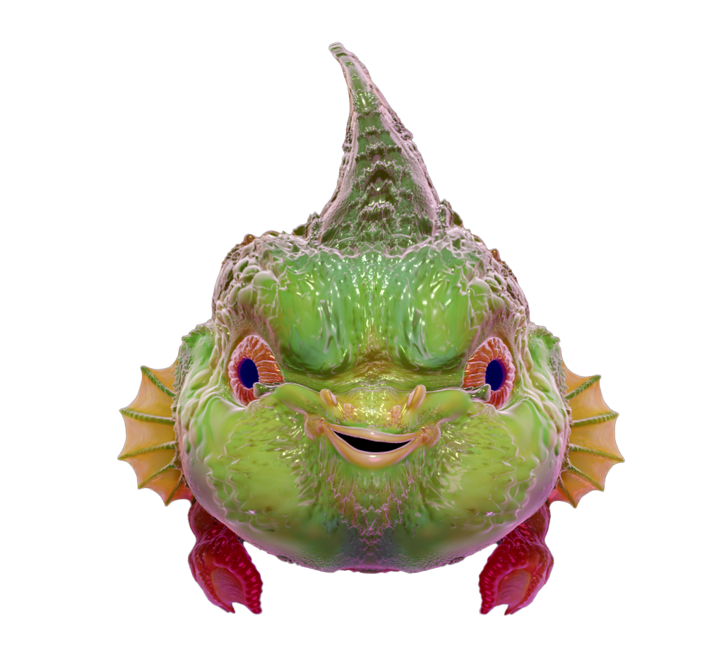A cartoonish, colorful creature with a round, green body, a pointy dorsal fin, red eyes, small fins on the sides, and red feet, smiling.