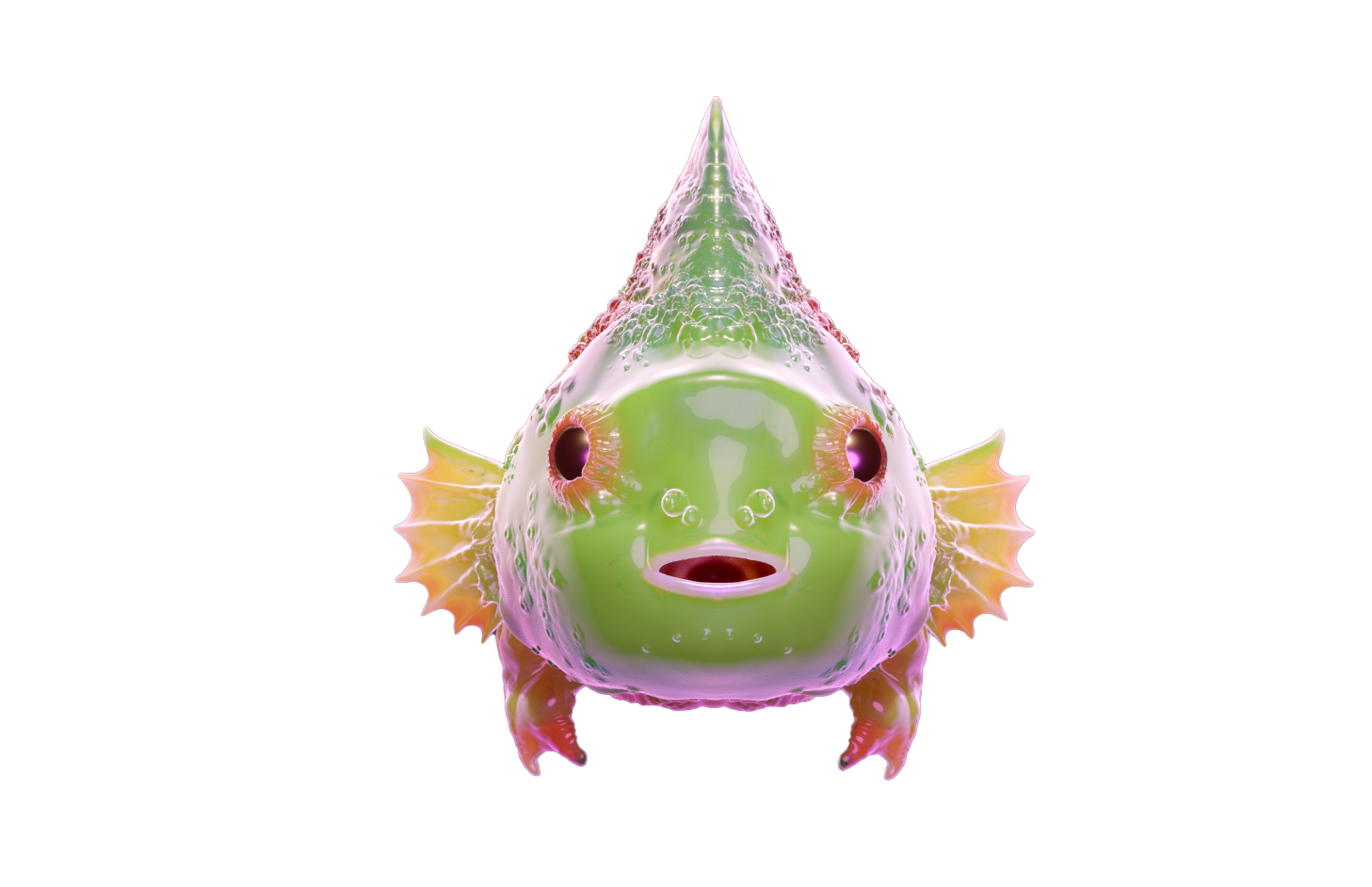 Digital art of a fish with a green face, pink fins, and a surprised expression against a black background.