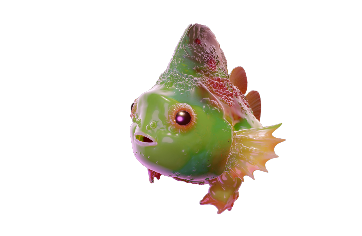 A computer-generated 3D model of a colorful, cartoonish fish with exaggerated features and shiny textures, set against a black background.