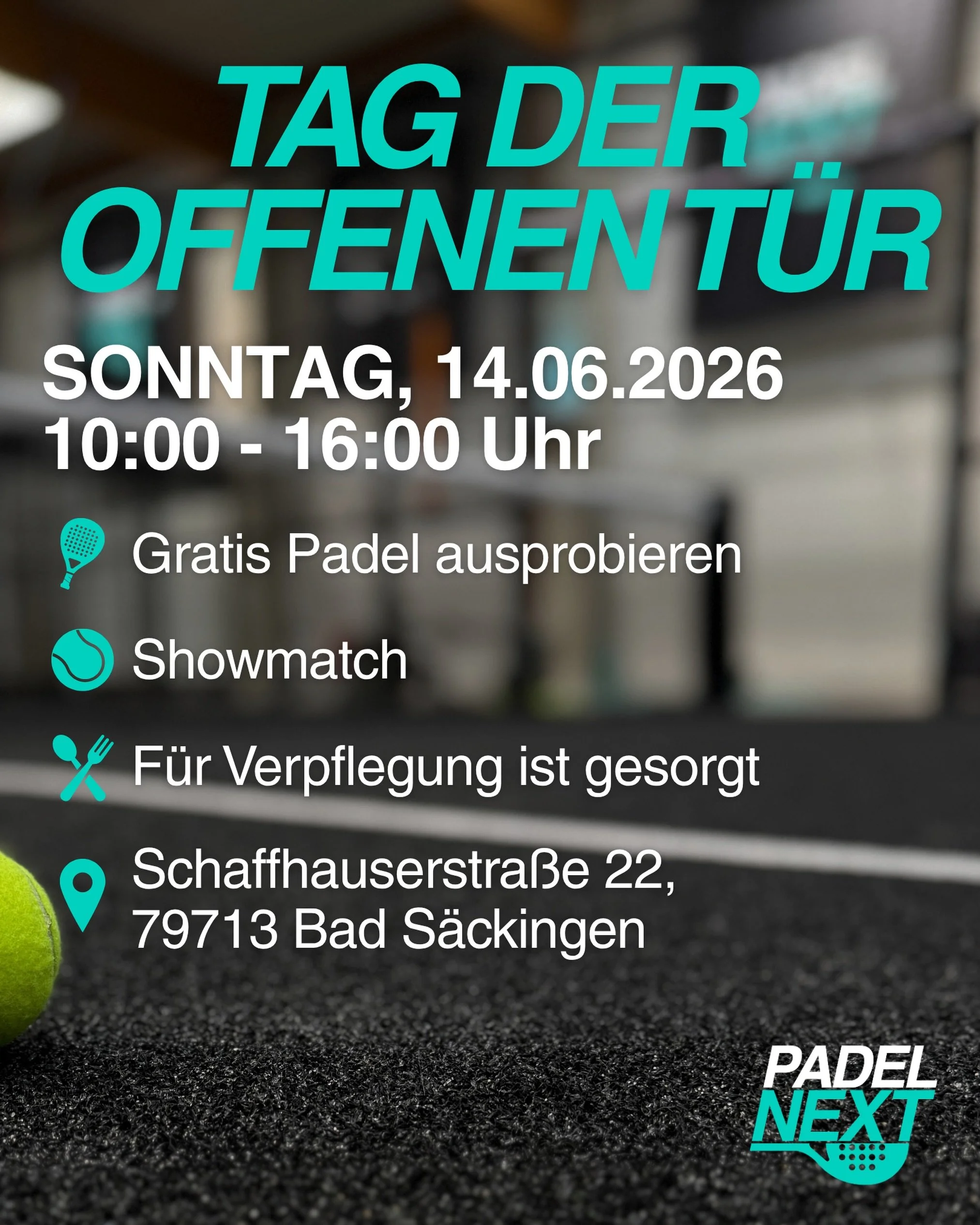 🎾 Tag der offenen T&uuml;r bei Padel Next 🎾
Am Sonntag, den 14.06. &ouml;ffnen wir unsere T&uuml;ren f&uuml;r euch! 
Kommt vorbei, lernt unsere Anlage kennen und probiert Padel selbst aus 👀
🕙 10:00 - 16:00 Uhr 
✅ Schnuppern &amp; Testen 
✅ Einbli