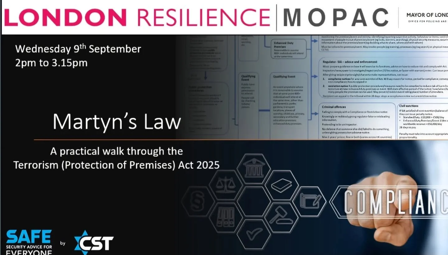 Sign up for an introductory webinar on Martyn's Law.

Weds 9th September. Link in bio and website resources page.