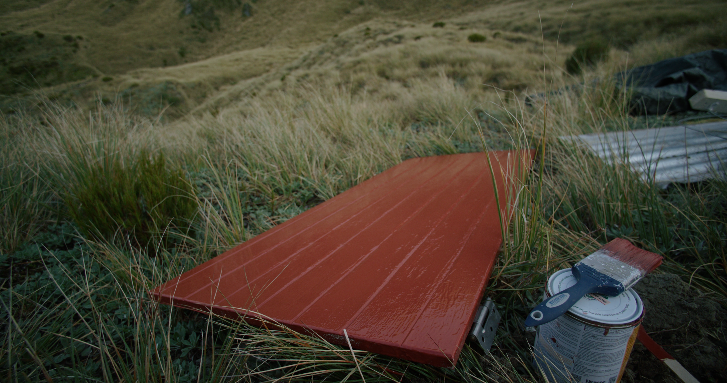 A partially painted wooden sign placed on grassy terrain with painting supplies nearby, including a paintbrush and a can of red paint.