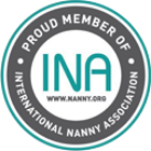 Circular badge with outer ring reading 'Proud Member of International Nanny Association' and the inner logo with 'INA'