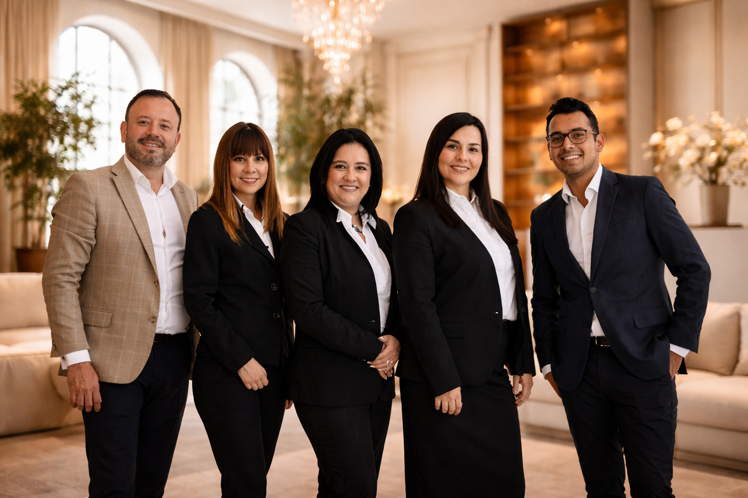 Group of five professionally dressed people standing together in a bright, elegant room with large windows, chandeliers, and decorative plants, smiling at the camera.
