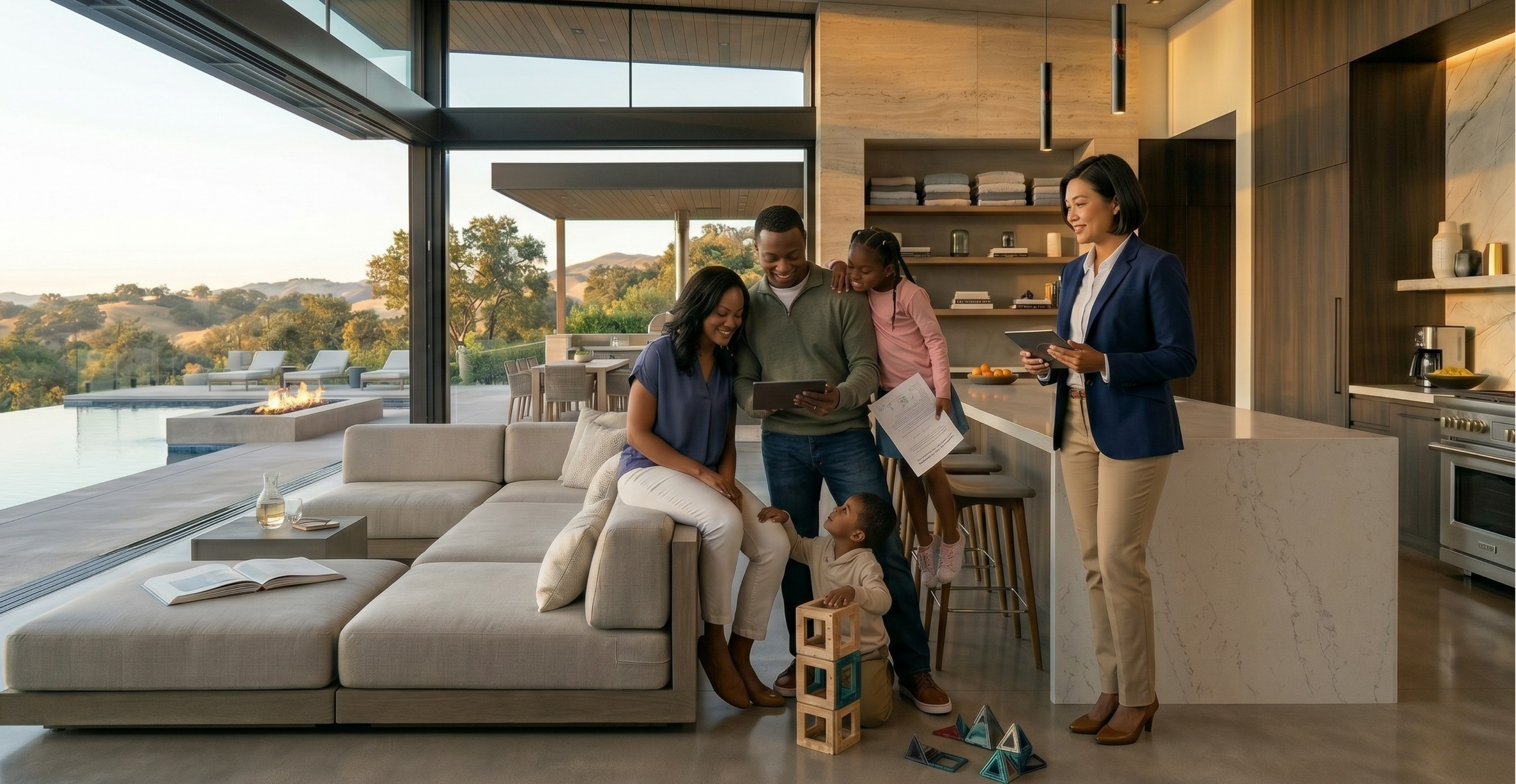 A professional family assistant consulting with a family in a luxury, modern open-concept living room and kitchen in Los Angeles, California.