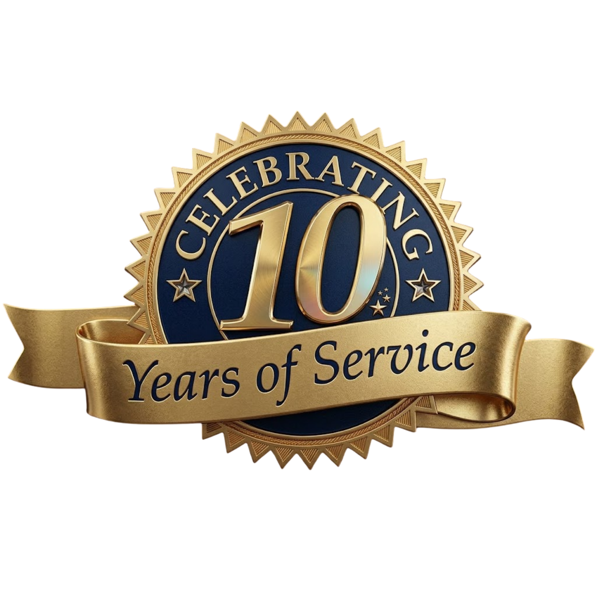 Gold and blue anniversary badge celebrating 10 years of service