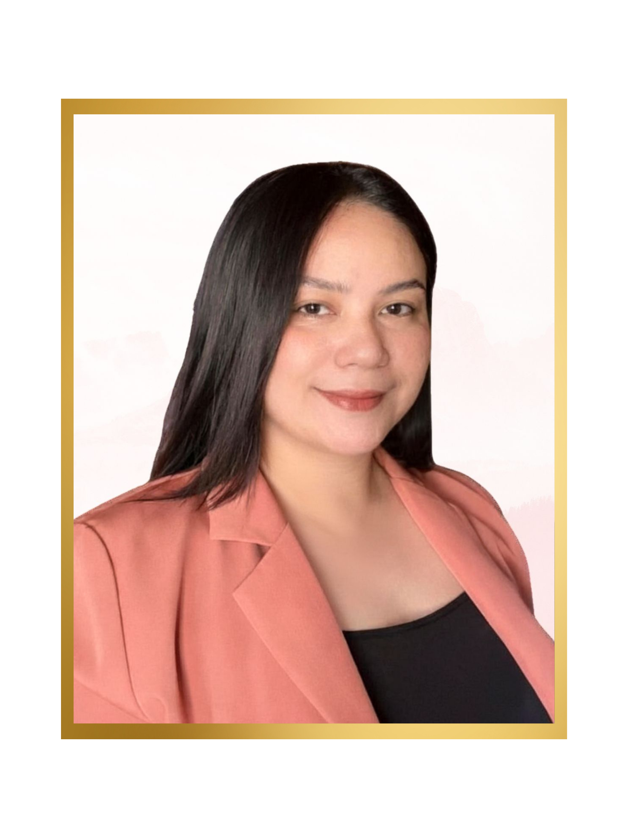 Portrait of a woman with straight dark hair, wearing a pink blazer over a black top, smiling against a white background with a gold and black border.