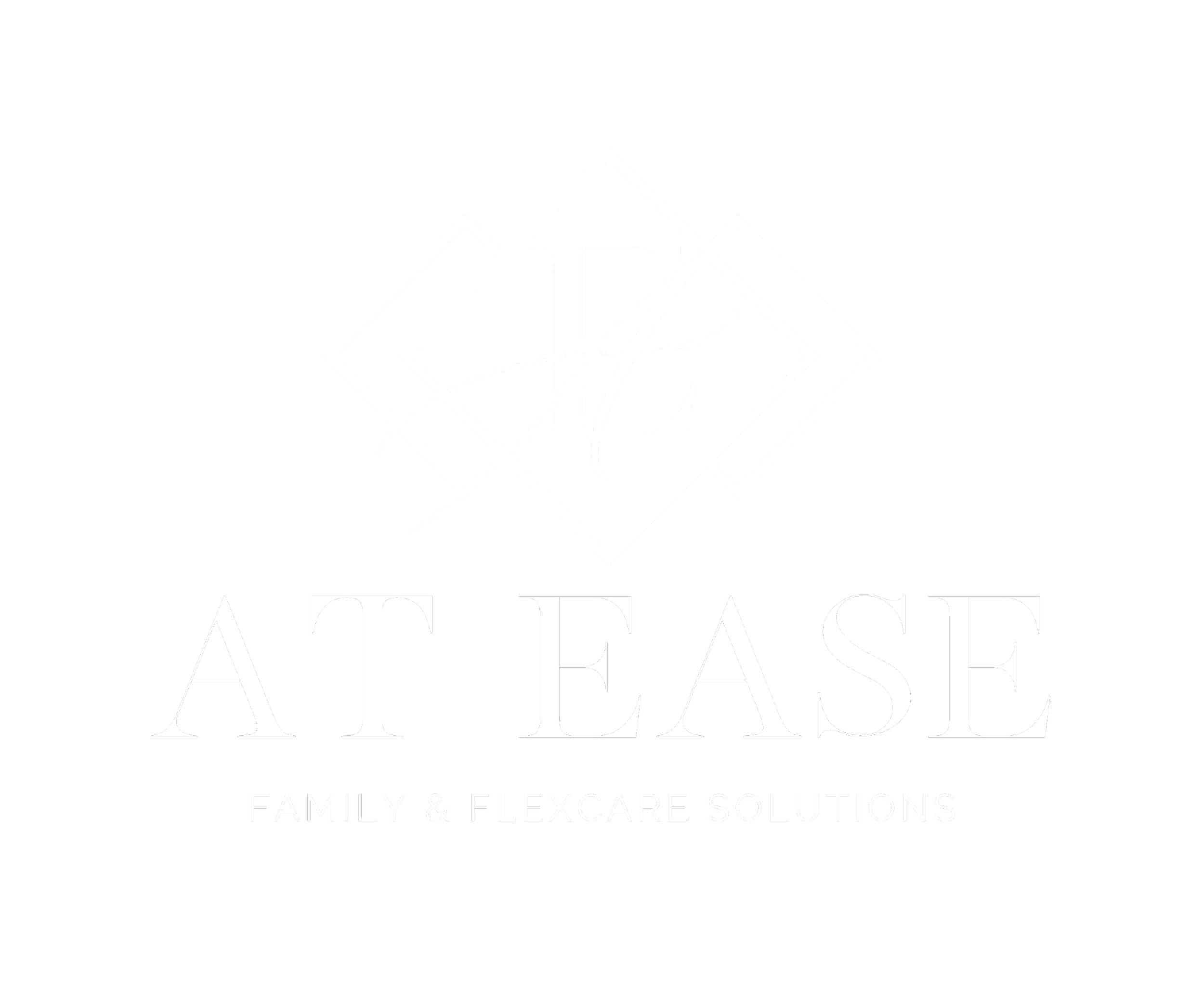 Black background with a white geometric logo featuring interlocking squares and a stylized 'L', and text that reads 'AT EASE' with smaller text 'FAMILY & FLEXCARE SOLUTIONS' underneath.