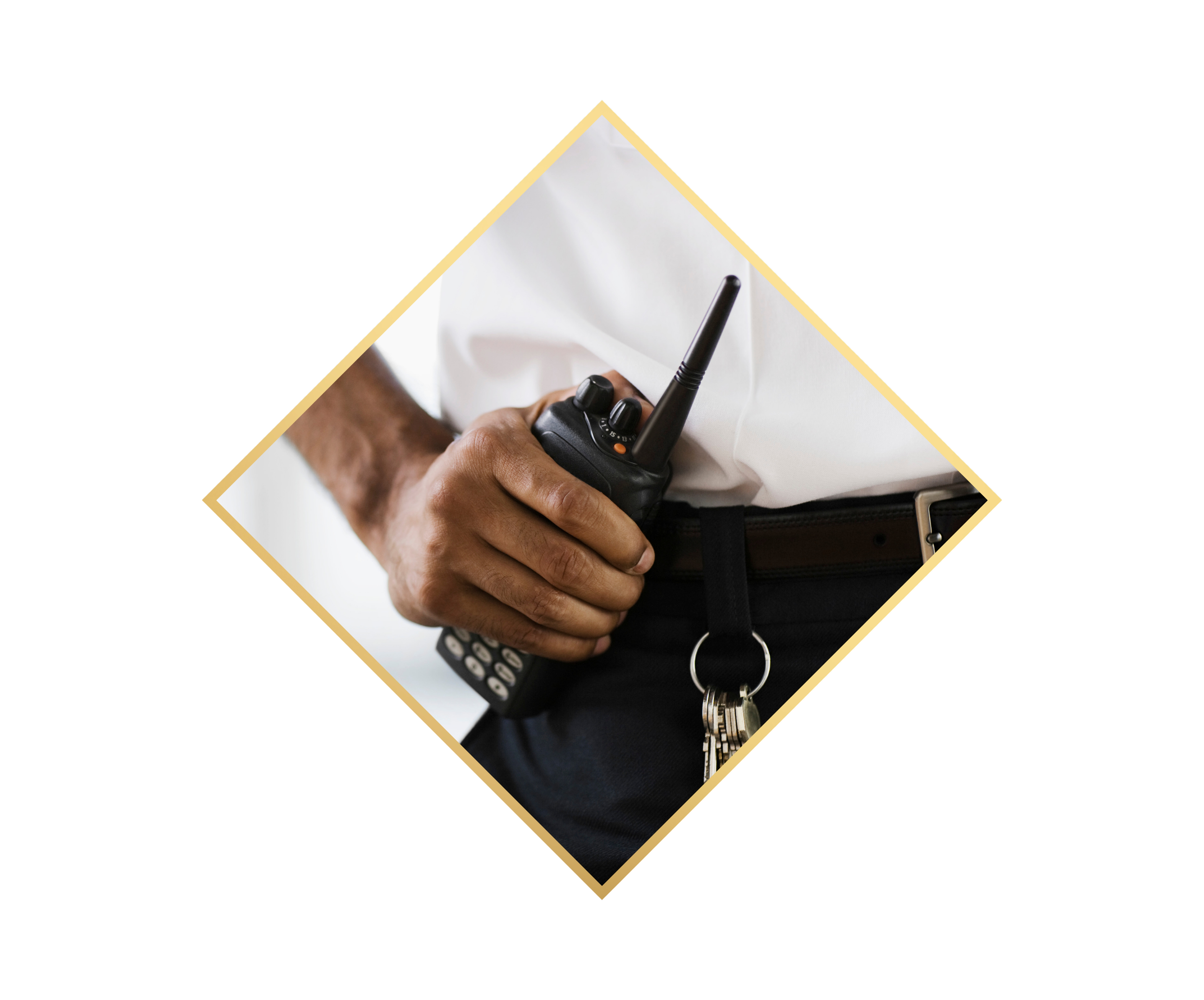 Close-up of a person's hand holding a walkie-talkie device with an antenna, with keys hanging from belt loop.