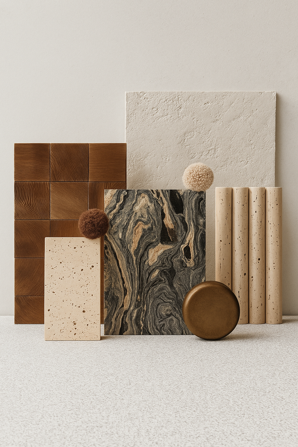 Arrangement of various textured and colored material samples, including wood, stone, ceramic, and fabric, displayed against a neutral background.