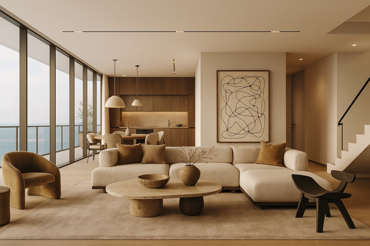 Modern open-concept living space with beige sectional sofa, brown pillows, a round wooden coffee table with decorative vases, a cozy armchair, and electronic staircase. Large glass sliding doors reveal a balcony with an ocean view. The space features minimalist artwork and warm lighting.