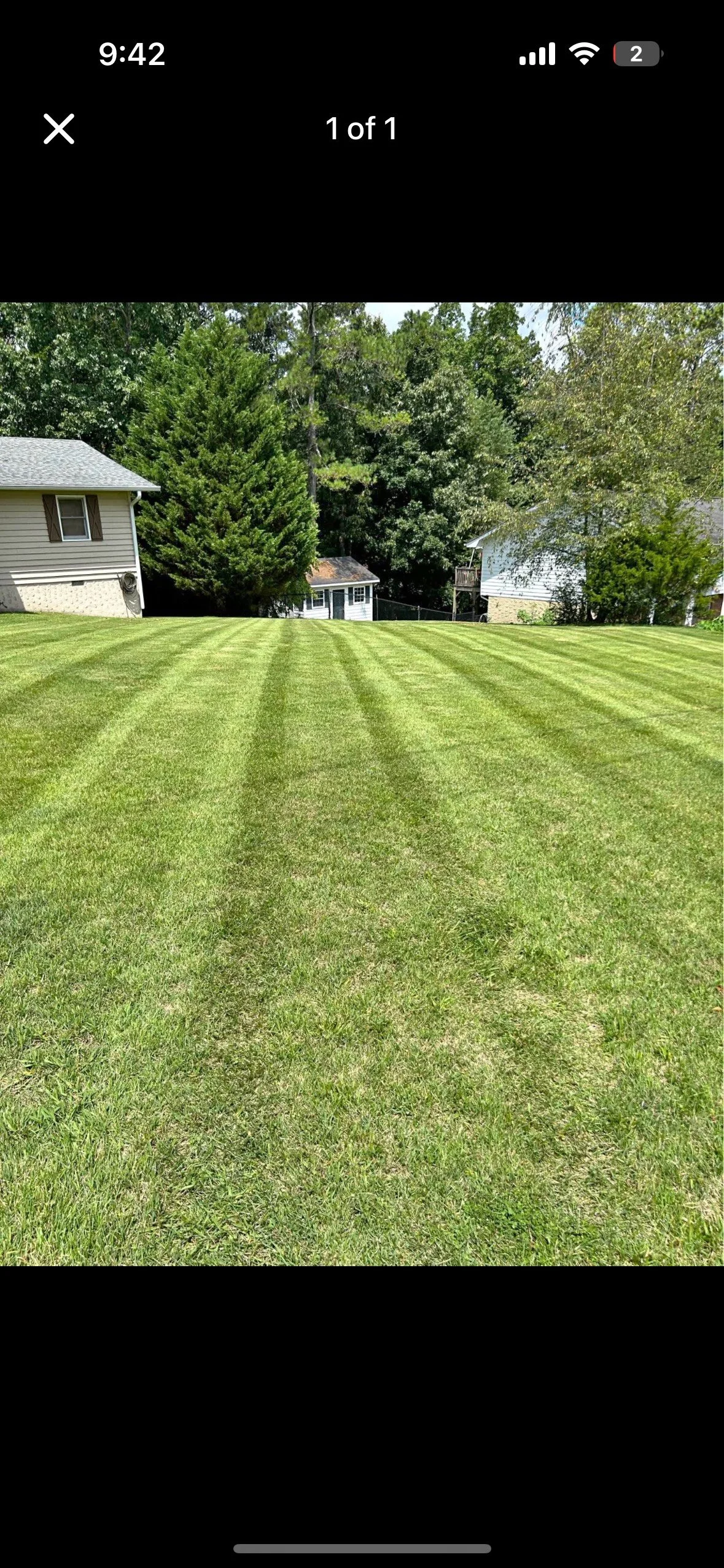 A well-maintained grassy yard with visible mowing lines, surrounded by trees and houses in the background.