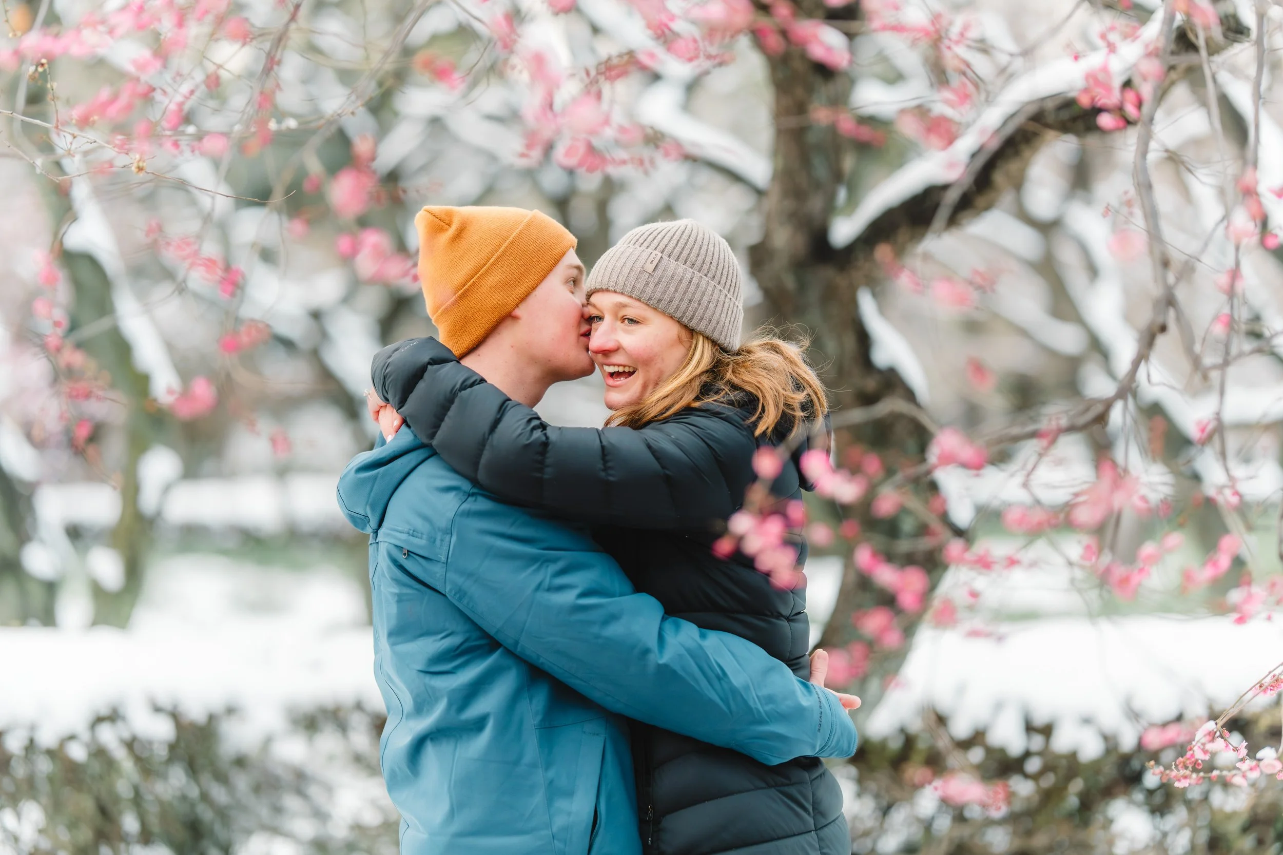 Romantic engagement photos in Japan with scenic backdrop