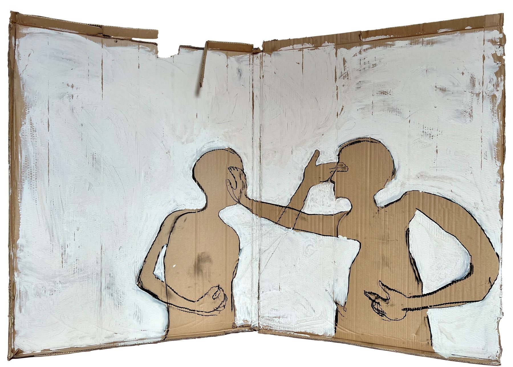 "Touching Me, Touching You" (2023) Gesso, earth, charcoal on cardboard; 46”x72”