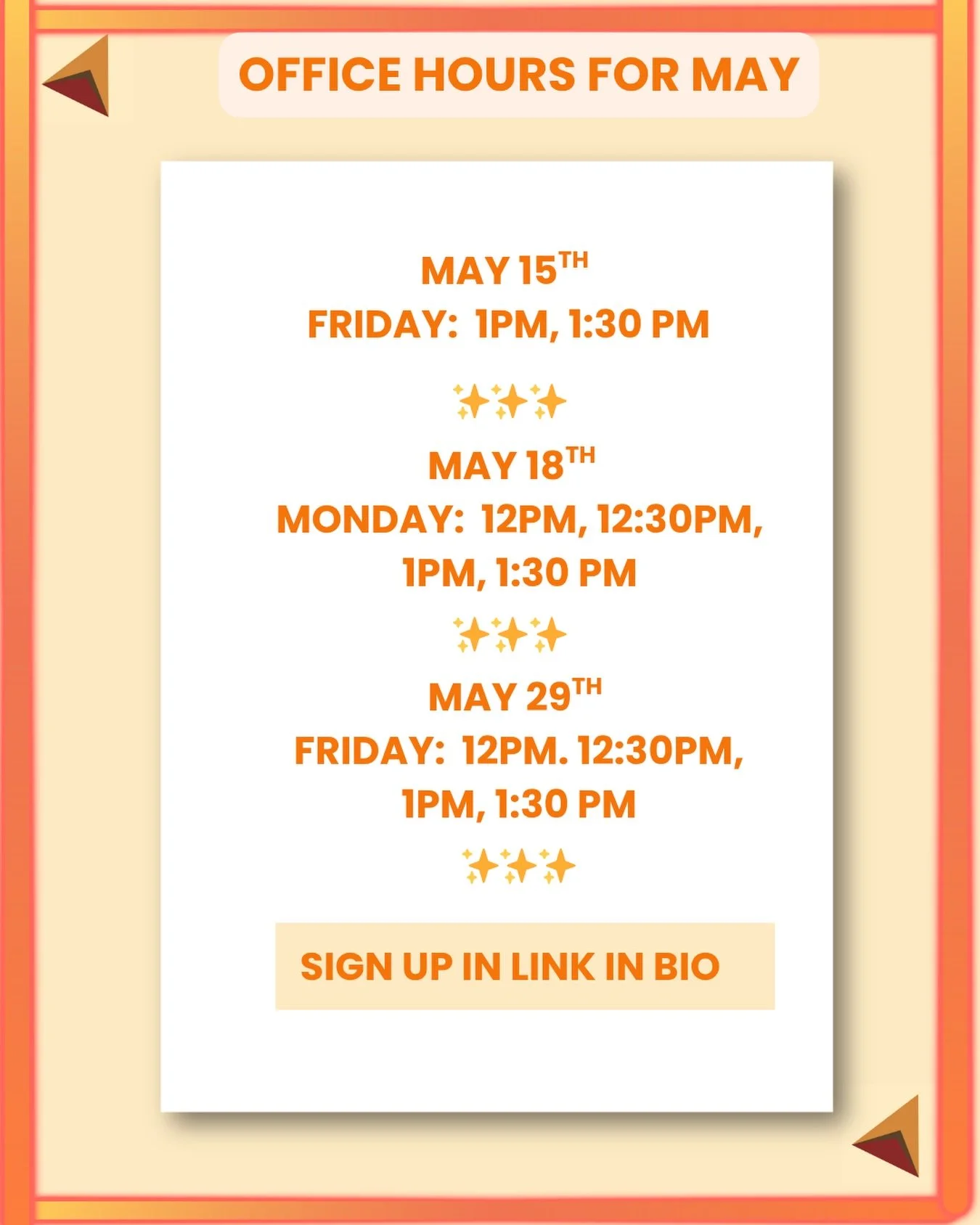 Office hours options for May! 

I&rsquo;m offering 20 minutes one and one, pay as you wish sessions. Come as you are with an idea, project, or problem. We&rsquo;ll figure out your next steps together.

Sign up in link in bio to take action!

#creativ