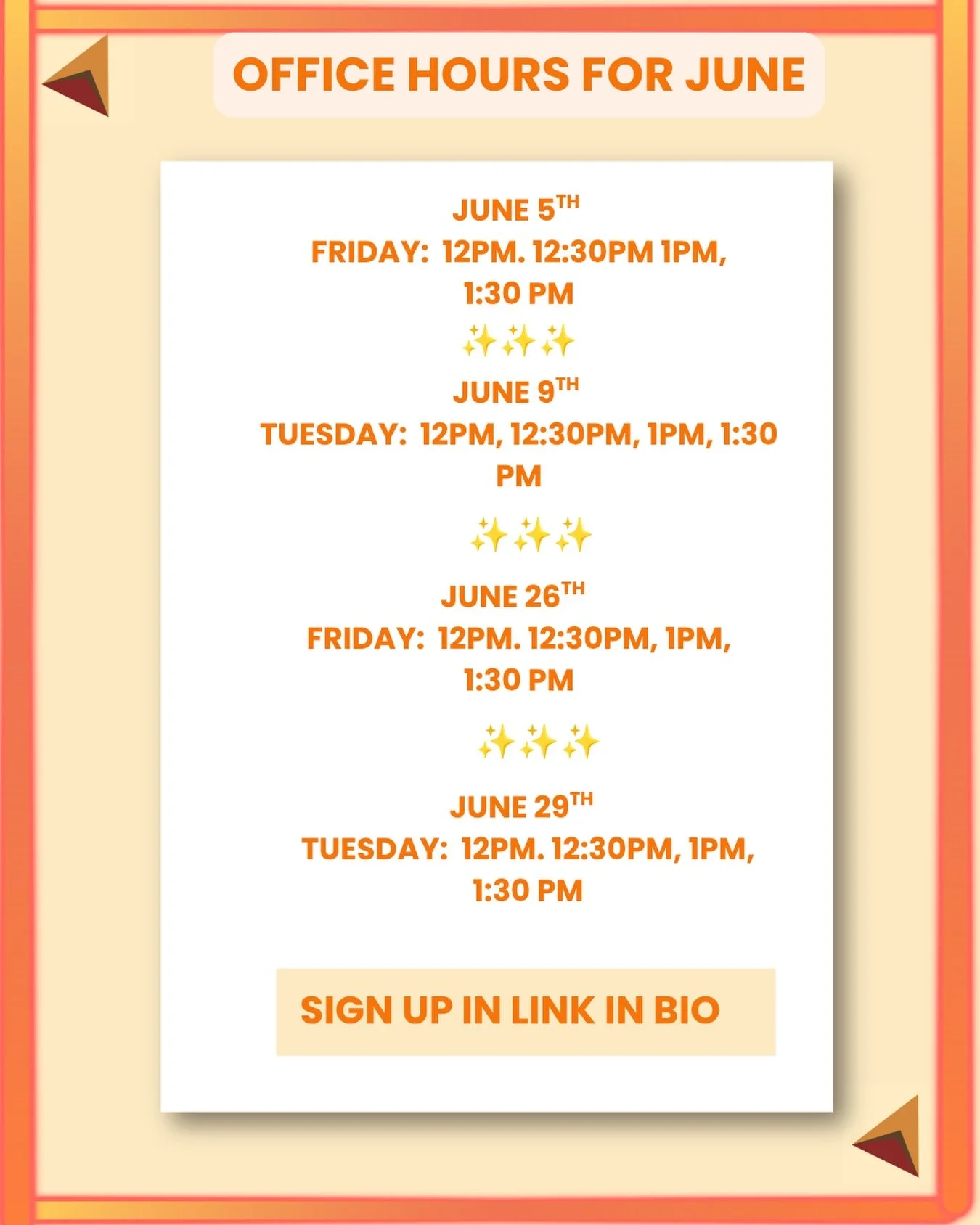 Office hours options for June! 

Just in case you forgot 😎

I&rsquo;m offering 20 minute 1:1 pay as you wish sessions. Come as you are with an idea, project, or problem. We&rsquo;ll figure out your next steps together.

Sign up in link in bio to tak