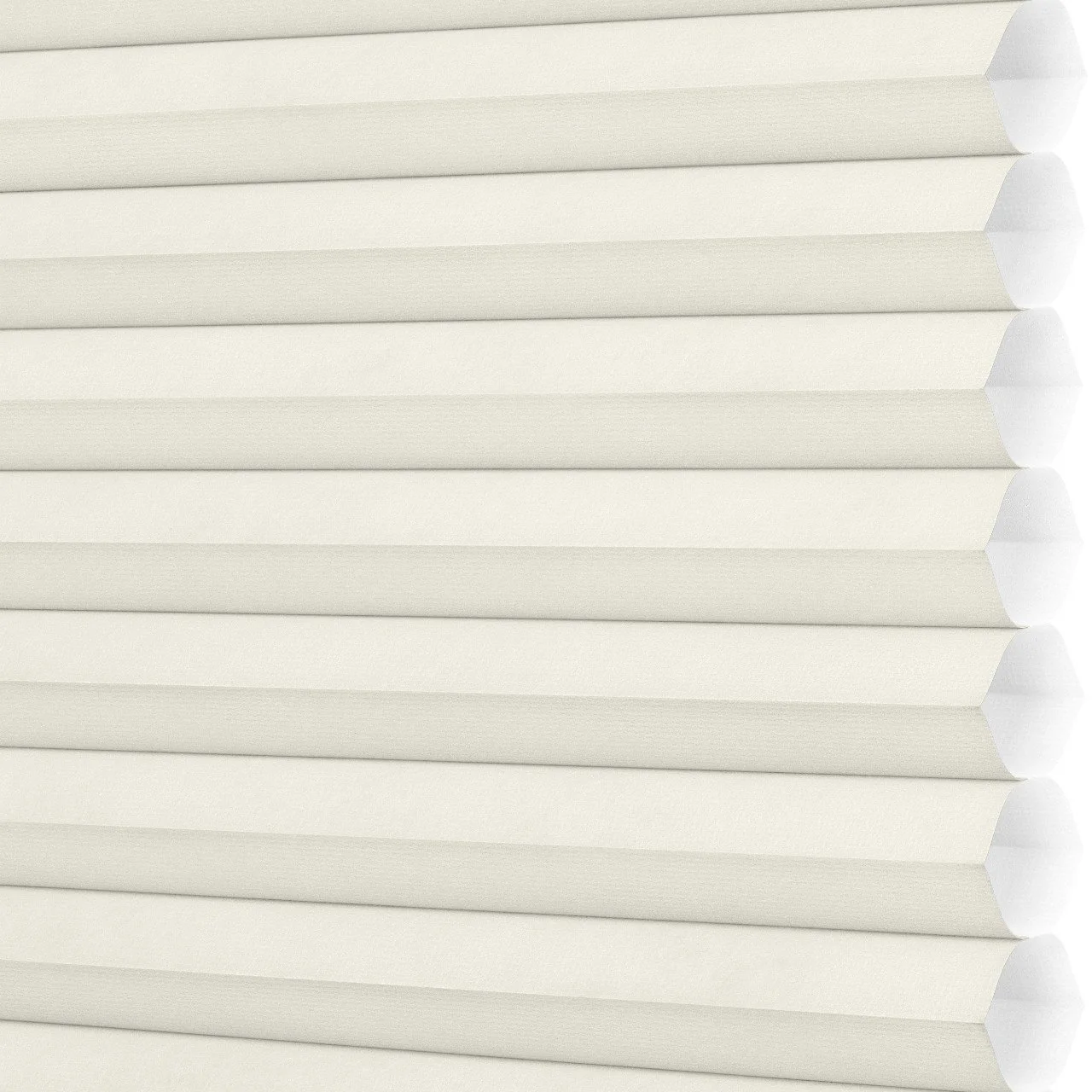 Close-up of white, horizontally stacked window blinds.