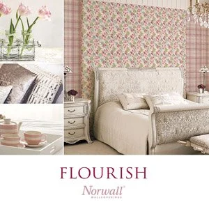 A cozy bedroom with a white ornate bed, floral wallpaper, matching nightstands with lamps, and decorative pillows. Adjacent images show glass vases with pink flowers, patterned pillows, and stacked pink ceramic bowls, featuring a soft pastel color palette.