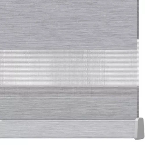 Close-up of a window blind made of horizontal slats in gray and white colors.