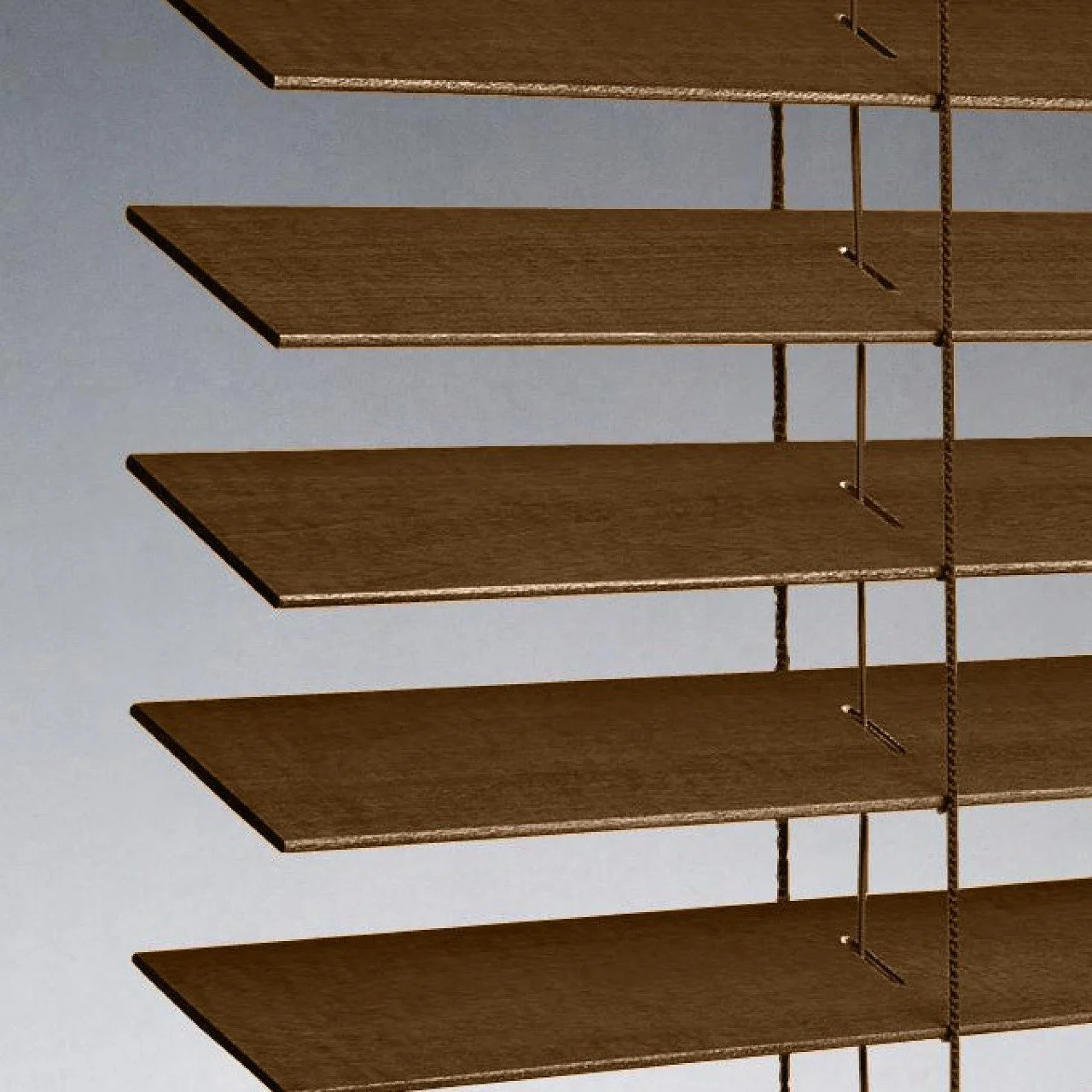 Empty wooden shelves with brown supports against a gray background.