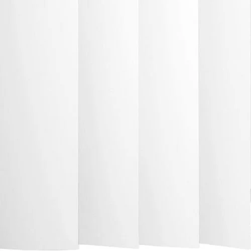 A close-up view of white vertical blinds or curtains.