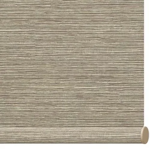 Roll of beige textured wallpaper with horizontal lines.