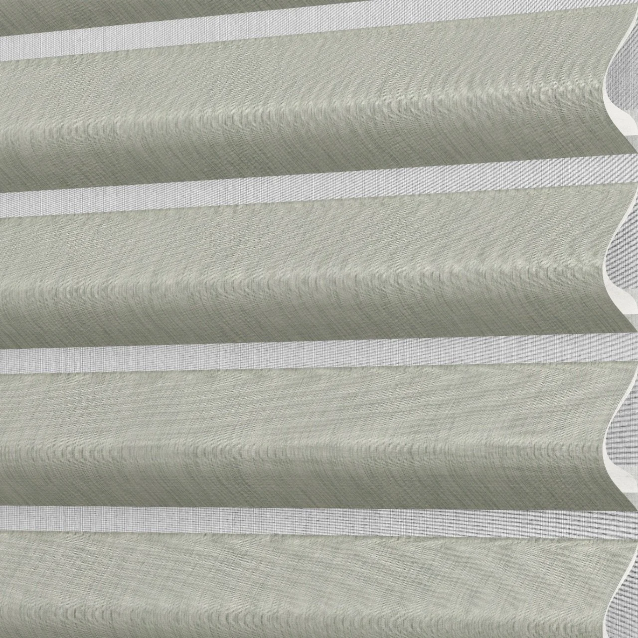 Close-up of green fabric window blinds with white mesh strips in between, showing the texture and wavy edges.