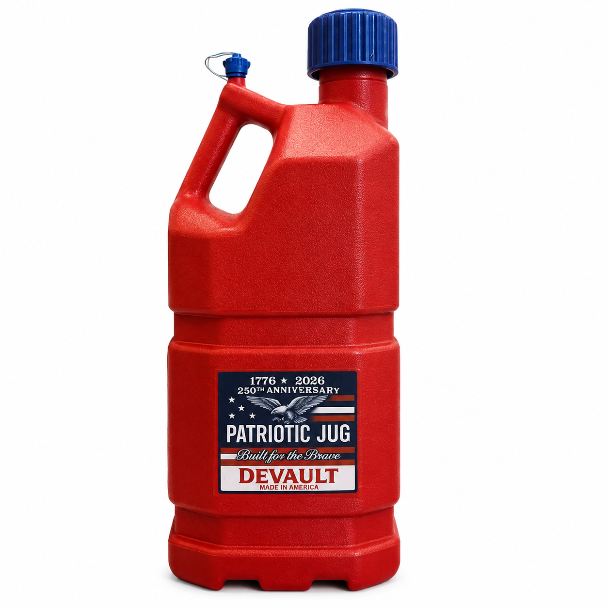 A red patriotic-themed jug with a blue handle and cap, featuring a label that celebrates the 250th anniversary of the United States, with an eagle and stars, labeled 'Patriotic Jug, Built for the Brave, DeVault, Made in America.'