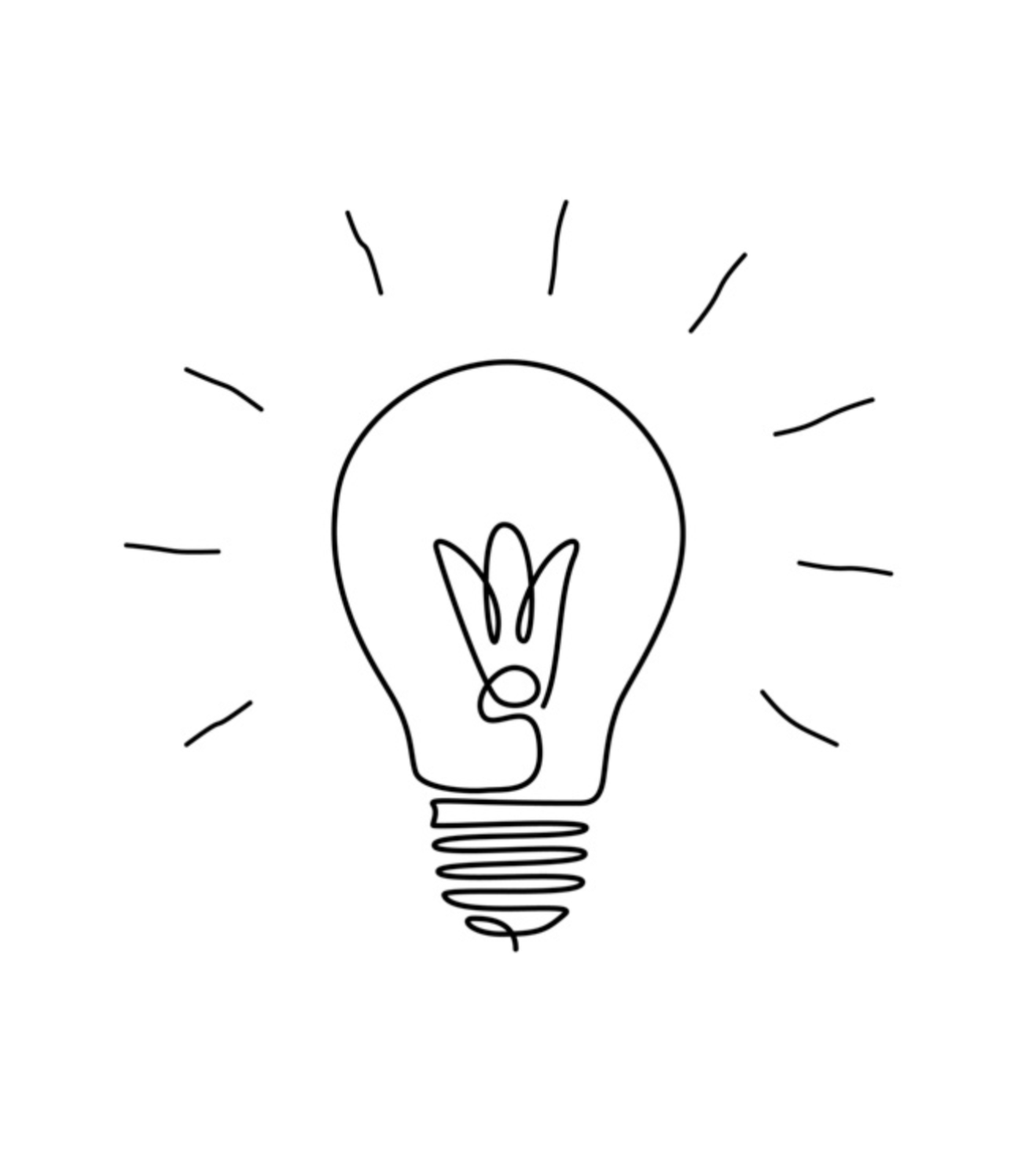 A line drawing of a light bulb with rays emanating from it, symbolizing an idea or innovation.