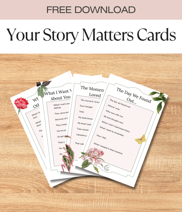 A promotional image for free download of 'Your Story Matters' cards, featuring three decorated cards with floral and butterfly designs on a wooden surface.