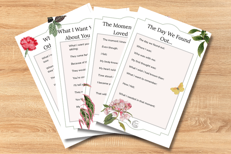 Three printed poems on white paper with floral and butterfly decorations, laid on a wooden surface.